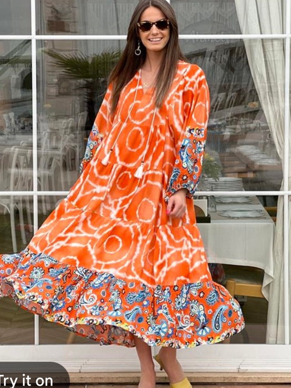 Vibrant Orange Tie-Dye Maxi Dress with Paisley Trim